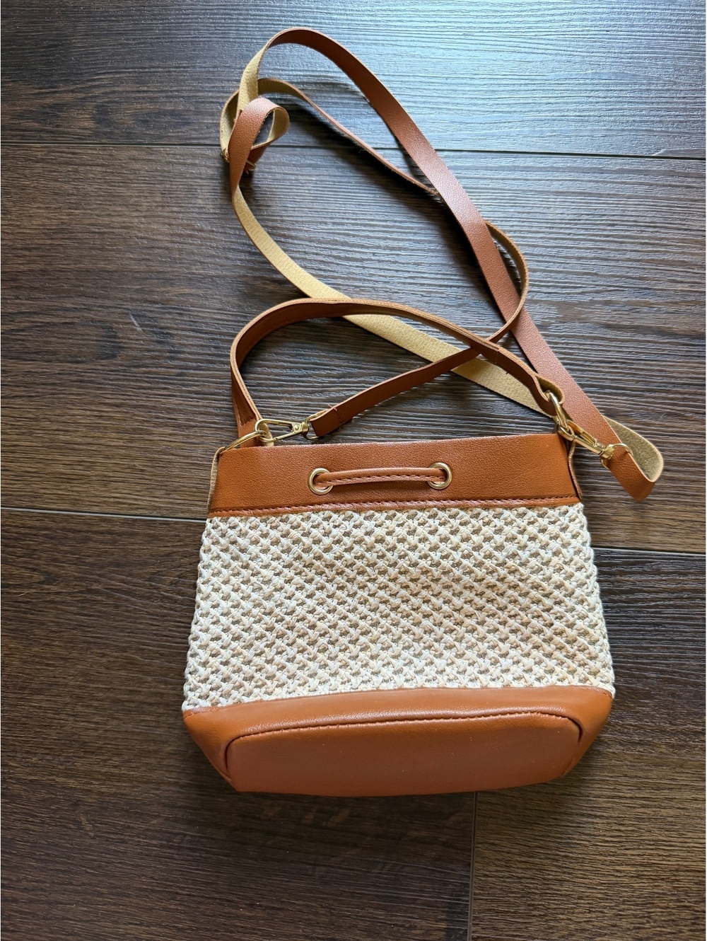 Brown and Beige Woven Crossbody Bucket Bag - Picture 2 of 3